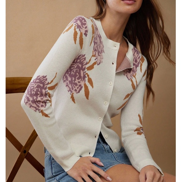 Floral Off White Knit Button Down Cardigan Long Sleeve - Picture 1 of 7